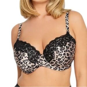 DEBENHAMS full bust 36G white lepoard print black lace trim balconette bra NWOT